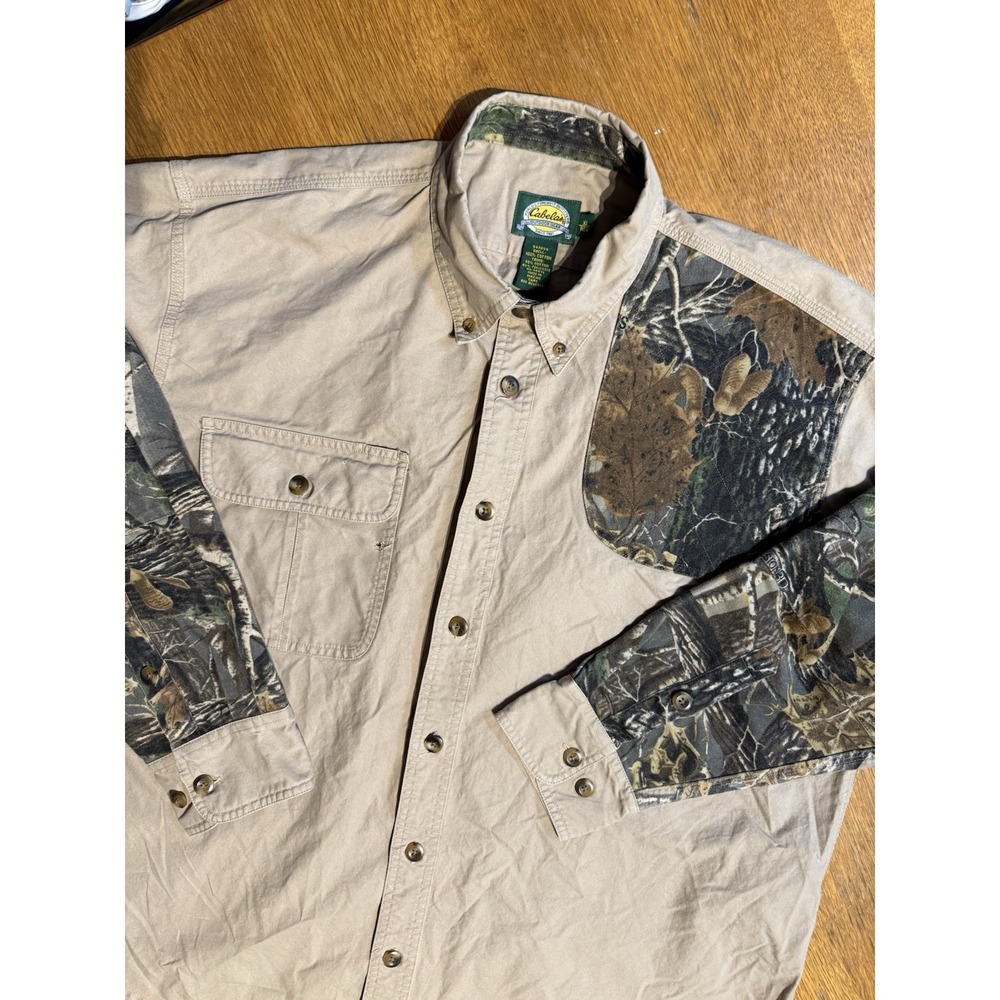 Vintage Cabela's Seclusion 3D Hunting Field Shirt XL Tan Camo Button Up Cotton